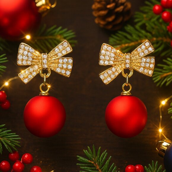 🆕️Holiday Red Ornament Bow Tie Earrings Sparkling Zircon Festive Jewelry Gift - Picture 1 of 16